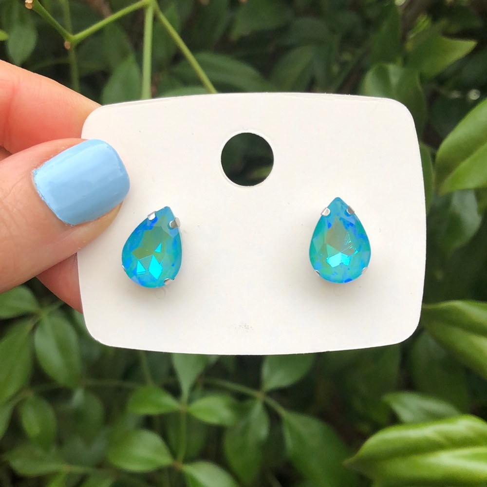 Aquamarine AB Pear Crystal Earrings - Picture 1 of 5
